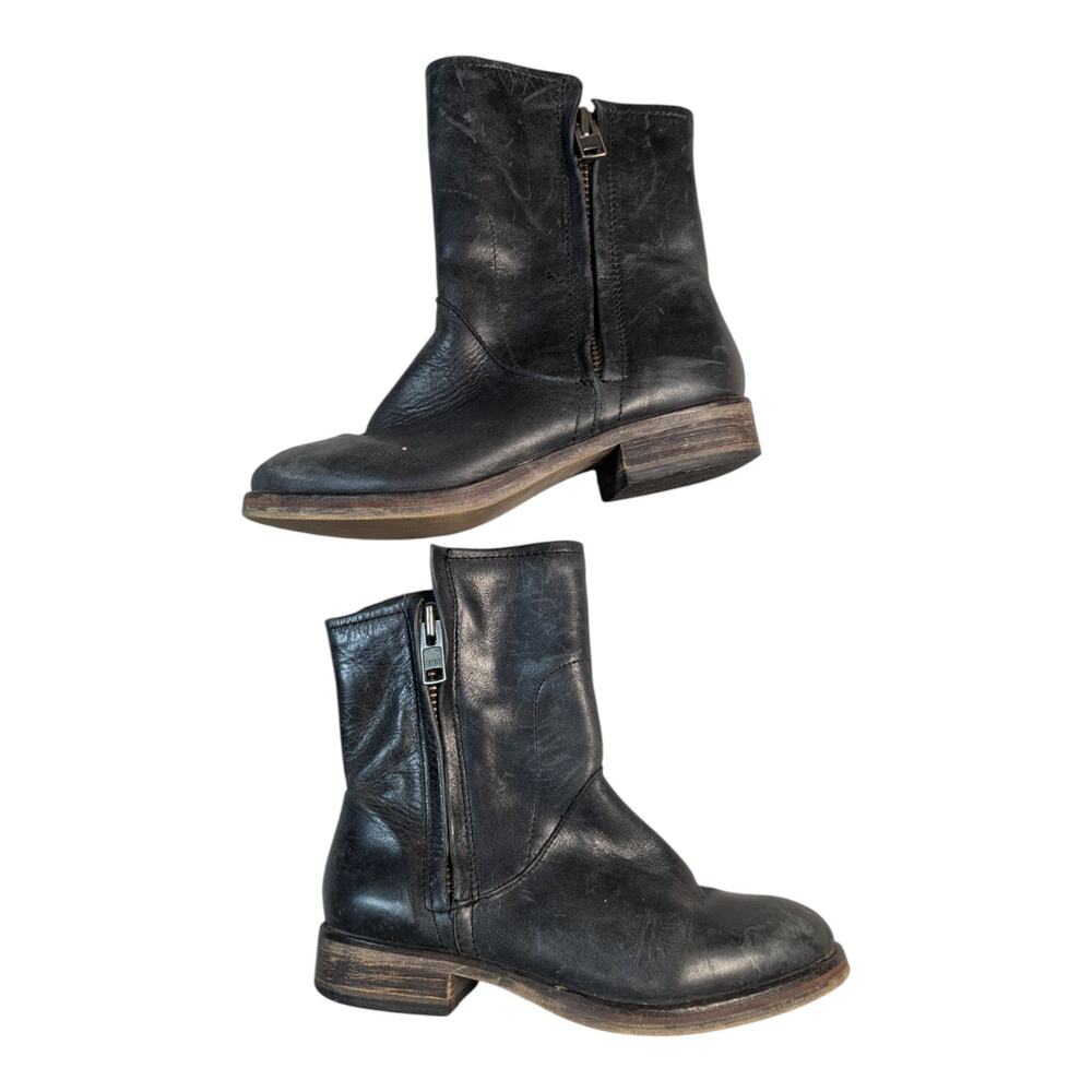 Hinge Sheldon Black Heavy Leather Double Zip Moto Biker Ankle Boots Sz 6.5